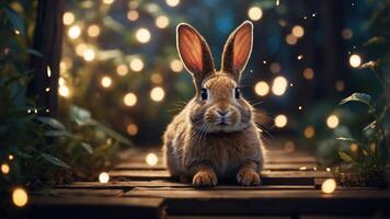 A rabbit sits on a wooden path surrounded by glowing lights in a serene setting. photo