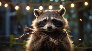 A raccoon holding twine, illuminated by string lights in a forest setting. photo