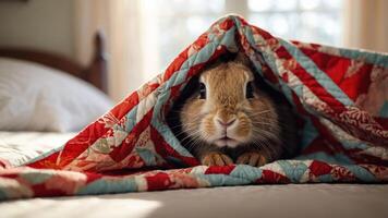 A rabbit peeks out from under a colorful quilt on a bed, creating a cozy atmosphere. photo