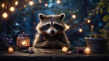 A raccoon sits at a table surrounded by candles and flowers in a serene, illuminated forest. photo