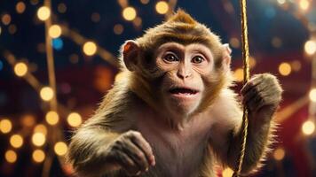 A playful monkey holding onto a rope, surrounded by festive lights in a vibrant setting. photo