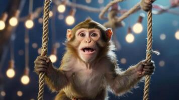 A playful monkey swinging on ropes surrounded by glowing lights, evoking joy and curiosity. photo