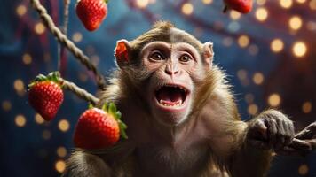 A playful monkey surrounded by strawberries, showcasing a lively and vibrant atmosphere. photo