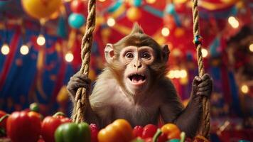 A monkey joyfully swinging amidst colorful peppers in a vibrant circus-like setting. photo