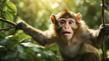 A curious monkey hanging on a branch amidst lush greenery, capturing a moment in nature. photo