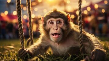 A playful monkey on a swing, surrounded by a festive atmosphere with lights in the background. photo