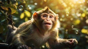 A curious monkey surrounded by bubbles in a sunlit forest setting. photo