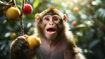 A playful monkey holds fruit, showcasing its expressive face in a vibrant natural setting. photo