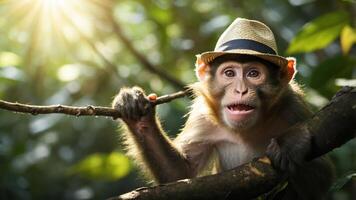 A monkey wearing a straw hat sits on a branch in a lush, sunlit environment. photo