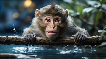 A young monkey curiously peers over a branch near water, showcasing its playful nature. photo
