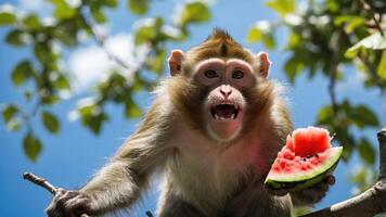 A playful monkey enjoys a slice of watermelon in a vibrant natural setting. photo