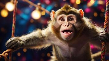 A lively monkey hanging on ropes, showcasing excitement in a vibrant, colorful setting. photo