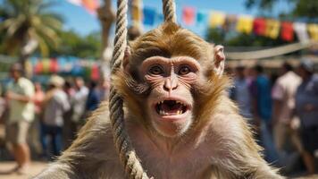 A close-up of a monkey on a rope, showcasing its expressive face in a lively setting. photo