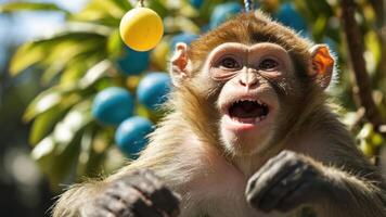 A playful monkey with a joyful expression surrounded by colorful fruits. photo