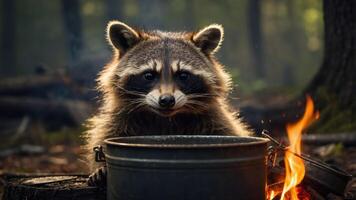 A raccoon curiously peering into a pot by a campfire in a forest setting. photo