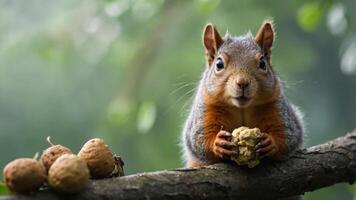 A squirrel sitting on a branch, holding food, surrounded by nuts in a natural setting. photo