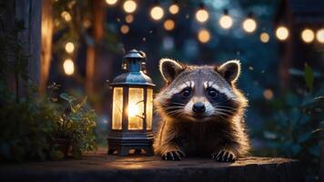 A raccoon sits beside a glowing lantern in a serene, illuminated outdoor setting. photo