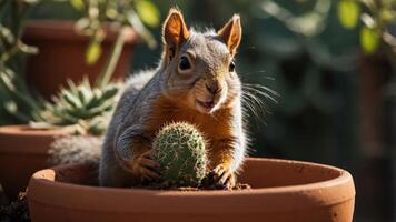 A squirrel playfully holds a cactus in a terracotta pot, surrounded by greenery. photo