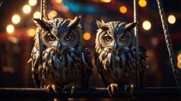 Two owls perched together, illuminated by soft lights in a whimsical setting. photo