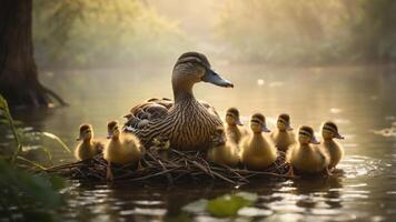 A mother duck with her ducklings resting on a nest by a serene lake at dawn. photo