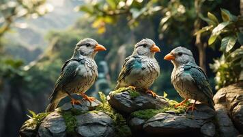 Three colorful birds perched on rocks in a lush, green environment. photo
