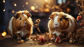 Two adorable guinea pigs surrounded by dried flowers in a warm, cozy setting. photo