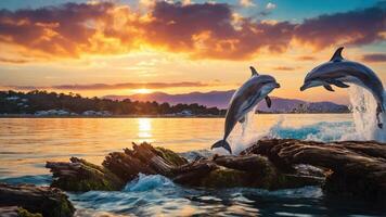 Two dolphins leaping over ocean waves at sunset, creating a serene and vibrant scene. photo