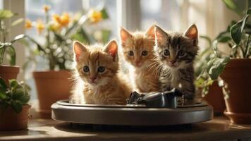 Three playful kittens sitting together in a sunny indoor setting surrounded by plants. photo