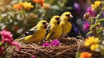 Three vibrant yellow birds perched in a nest among colorful flowers in a garden setting. photo