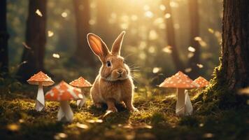 A serene rabbit surrounded by whimsical mushrooms in a sunlit forest. photo