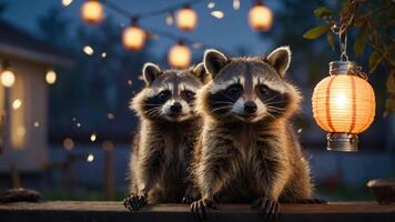 Two raccoons sit together under lantern light, creating a cozy evening atmosphere. photo