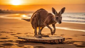 A kangaroo stands on a wooden log at sunset on a beach, capturing a serene moment. photo