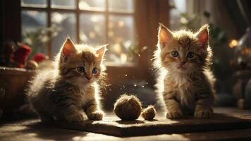 Two playful kittens with a ball of yarn in a cozy, sunlit setting. photo