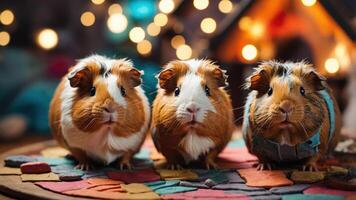Three adorable guinea pigs posing on a colorful mat with a cozy background. photo