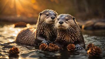 Two otters playfully interacting in a sunlit river, surrounded by pine cones. photo
