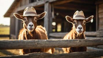 Two goats wearing straw hats pose playfully in a rustic farm setting. photo