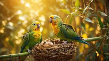 Two colorful parrots are perched beside their nest with eggs in a natural setting. photo