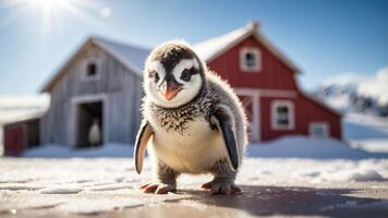 A cute baby penguin stands in snow with colorful barns in the background. photo