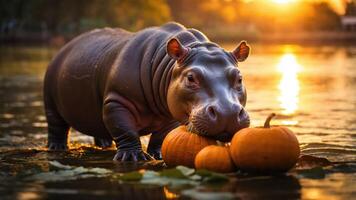A hippo playfully interacts with pumpkins in a serene water setting during sunset. photo