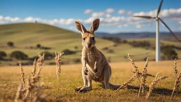 A kangaroo stands in a grassy field with wind turbines in the background. photo