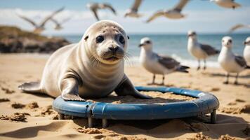 A seal resting on a trampoline-like structure on a sandy beach with seagulls flying nearby. photo