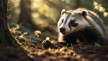 A close-up of a badger in a forest, showcasing its natural habitat and behavior. photo