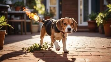 A beagle walks with a whimsical rocket attached, creating a playful scene. photo