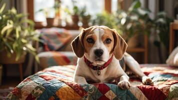 A dog relaxing on a colorful quilt in a cozy, plant-filled room. photo