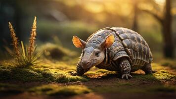 A close-up of an armadillo in a natural setting during golden hour. photo