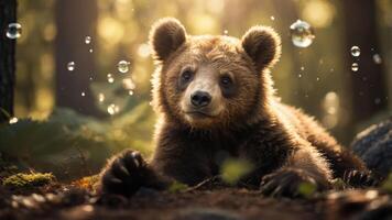 A young bear resting in a forest with bubbles floating around, creating a whimsical atmosphere. photo