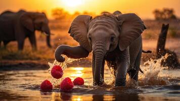 A playful elephant splashes in water while tossing raspberries during a sunset. photo