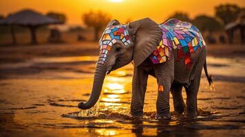 An elephant adorned with colorful patterns stands in water during sunset. photo