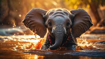 A playful elephant splashes in water, surrounded by a warm, natural setting. photo