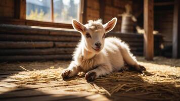A young goat resting on straw in a rustic barn, illuminated by soft sunlight. photo